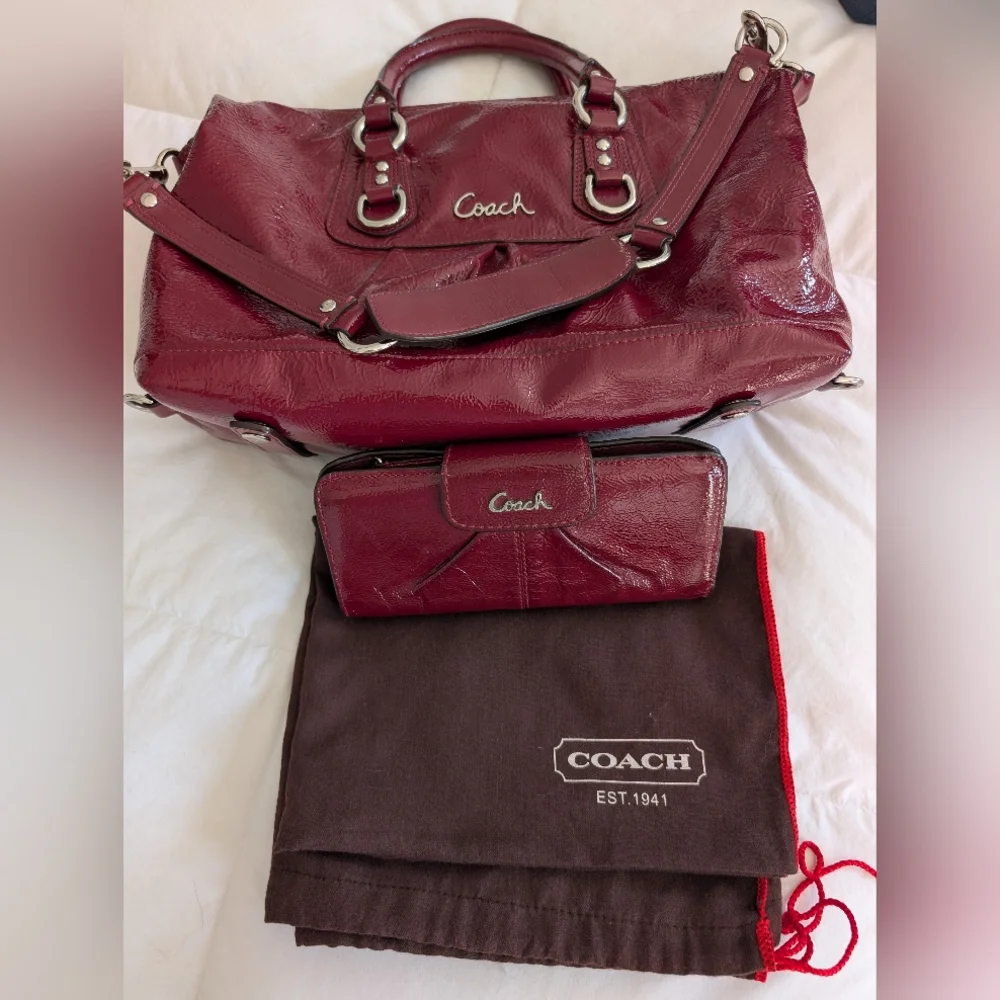 Coach Ashley Dark Red Patent Leather Satchel and Wallet with Dust Bag (F15455)